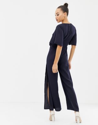 wrap front wide leg jumpsuit