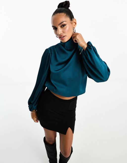 Parallell Lines high neck balloon sleeve top in teal