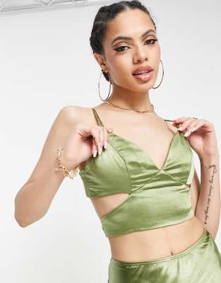 Parallel Lines Parallell Lines Satin Tie Back Crop Top In Khaki - Part Of A Set-green