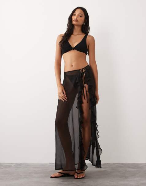 Pareo playero negro con lazada lateral y detalle de volante de chifón transparente de Miss Selfridge - view 1