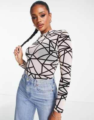 Parisian Parisian abstract print bodysuit in blush-Black