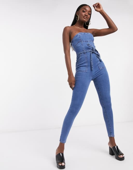 Plenaire sessie Legende fiets Parisian bandeau denim jumpsuit with tie waist in blue | ASOS