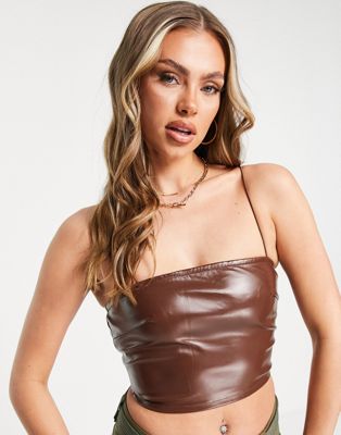 Parisian faux leather crop cami top in chocolate brown