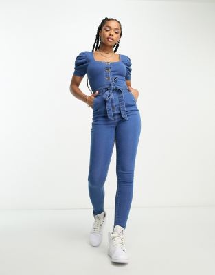 Parisian Belted Denim Jumpsuit In Mid Wash Blue