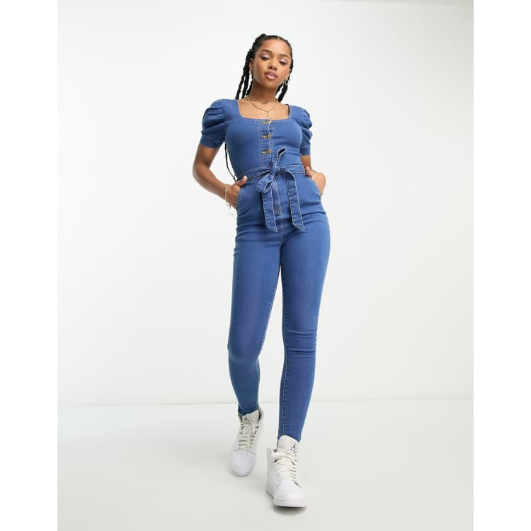 Parisian belted denim jumpsuit in mid wash blue