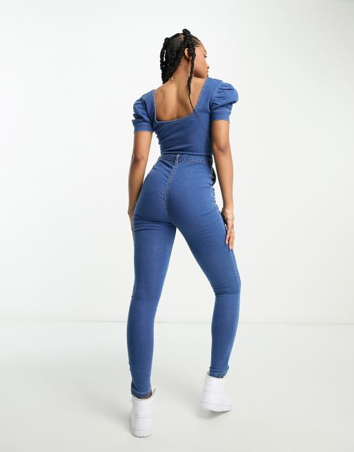 Petite Light Blue Wash Denim Cargo Jumpsuit