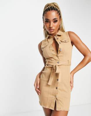 Parisian Parisian belted denim utility dress in camel-Neutral