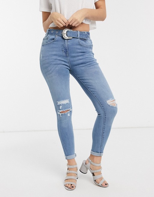 Parisian belted jeans in mid wash blue