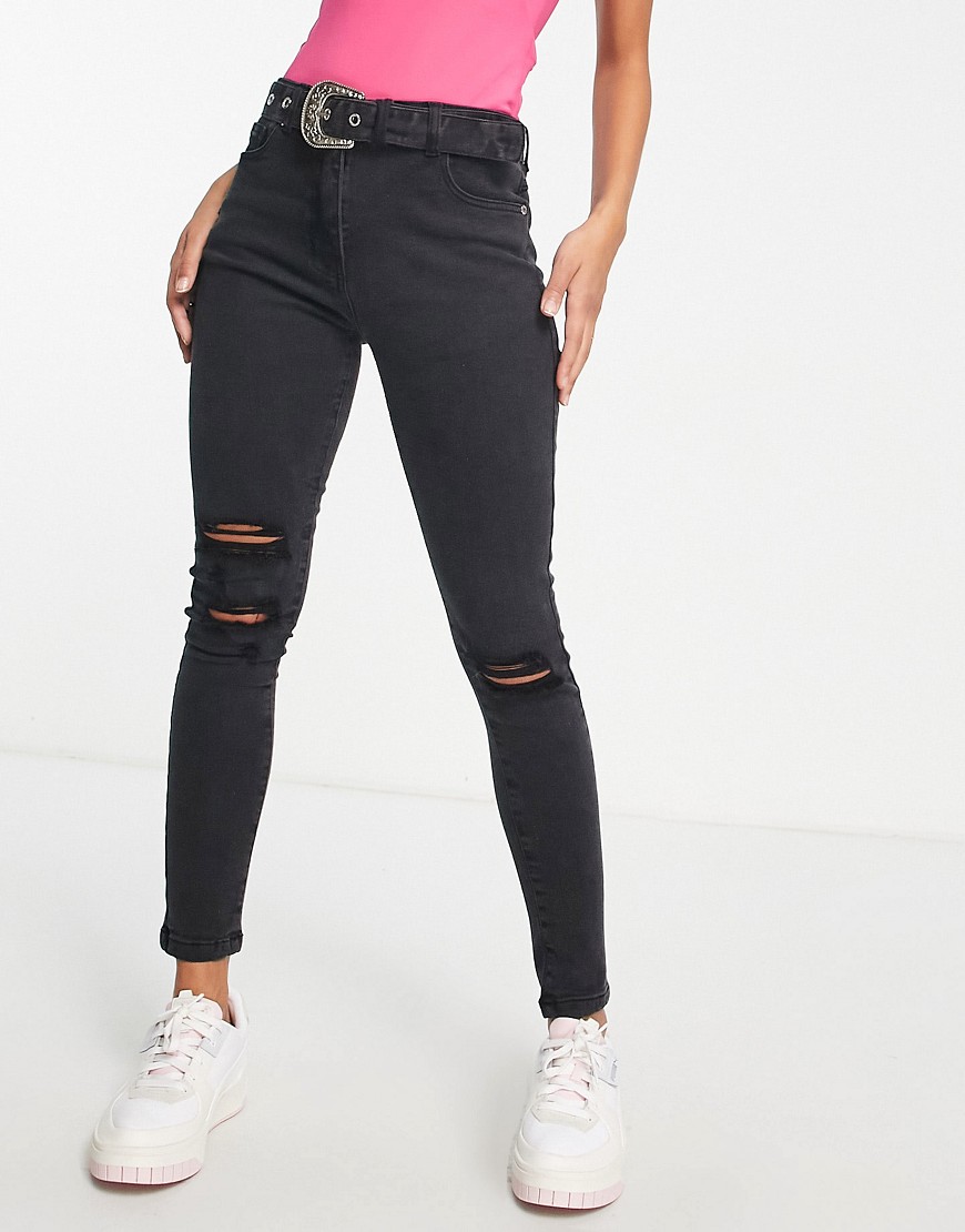 Parisian belted skinny jeans in charcoal-Grey