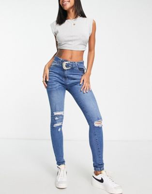 Parisian belted skinny jeans in mid blue - ASOS Price Checker
