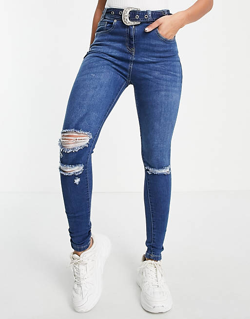 Parisian belted skinny jeans in mid blue