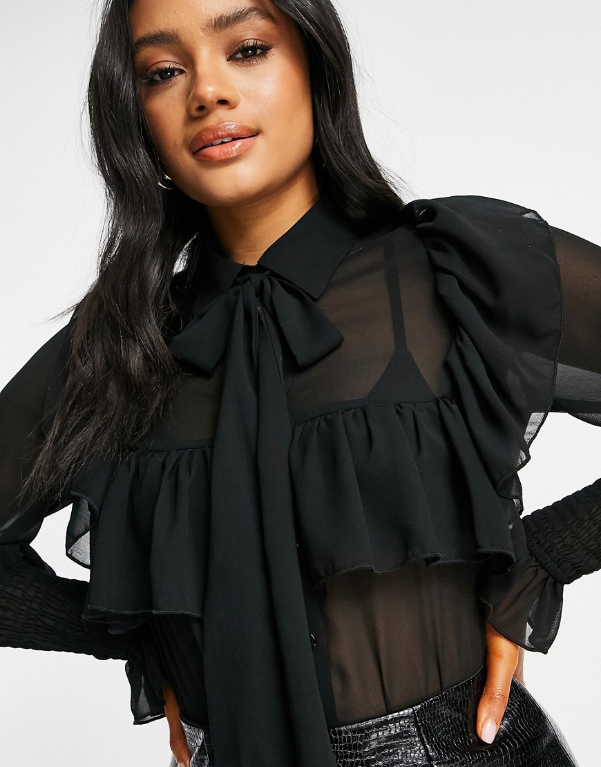 Parisian blouse with tie neck in black