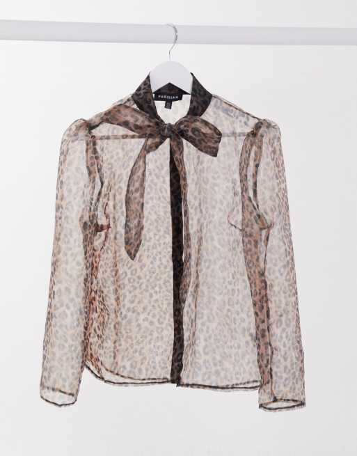 Parisian - Blusa in organza con fiocco sul davanti e stampa leopardata