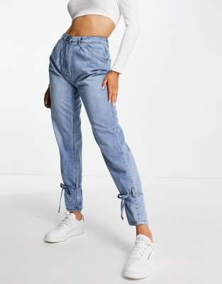Parisian boyfriend jeans with tie cuff in light blue - ASOS Price Checker