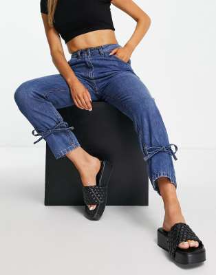 Parisian boyfriend jeans with tie cuff in mid blue - ASOS Price Checker