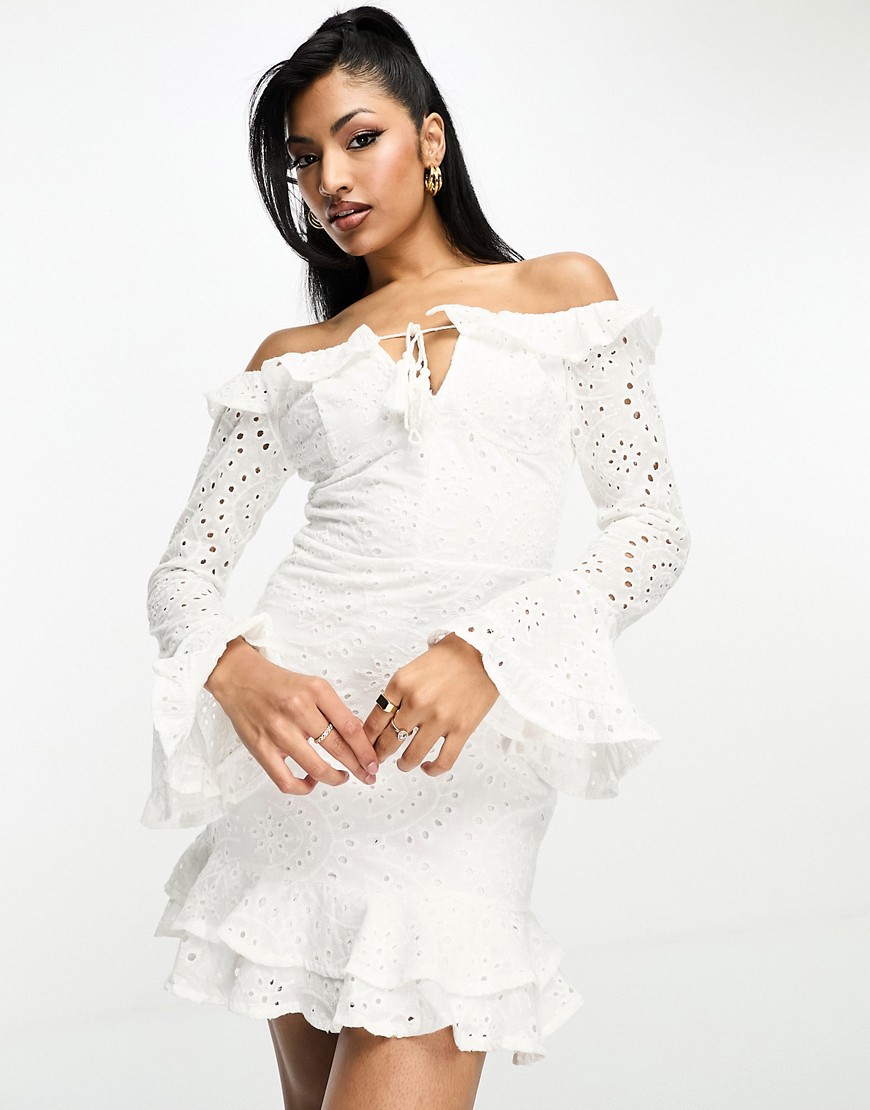 Parisian Broderie Off-shoulder Flared Sleeve Mini Dress In White
