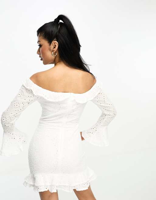 White broderie 2024 bardot dress