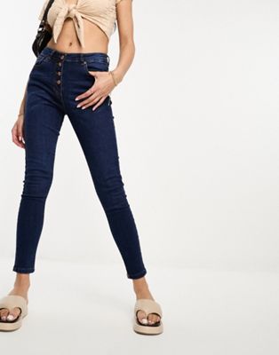Parisian button front high waist skinny jeans in dark blue
