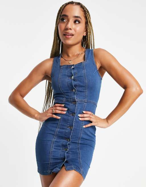 Parisian button through denim mini dress in mid blue