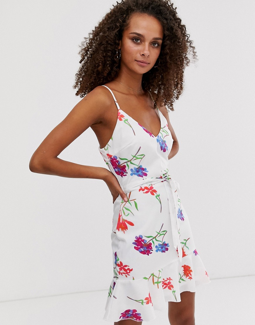 Parisian cami dress with fluted hem in meadow floral print-White