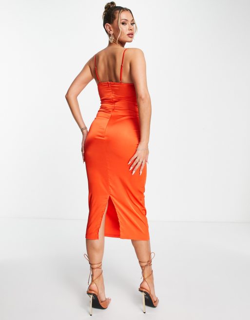 Parisian - Cami midi jurk met gedrapeerde halslijn van satijn in oranje, 2 van 4