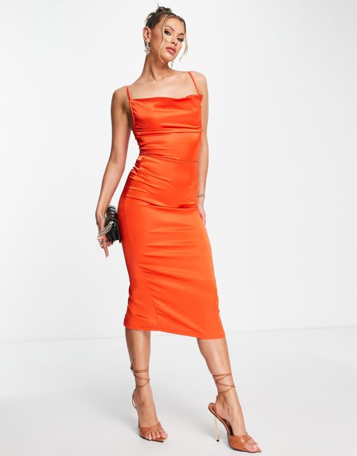 Parisian - Cami midi jurk met gedrapeerde halslijn van satijn in oranje, 4 van 4