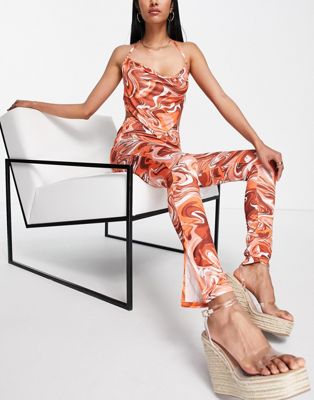 Parisian cami top and trouser set in marble print