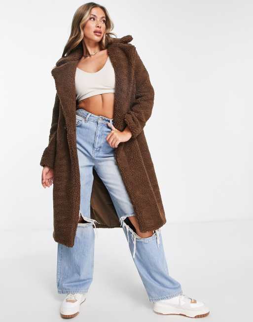 Parisian - Cappotto oversize doppiopetto in pile borg marrone cioccolato