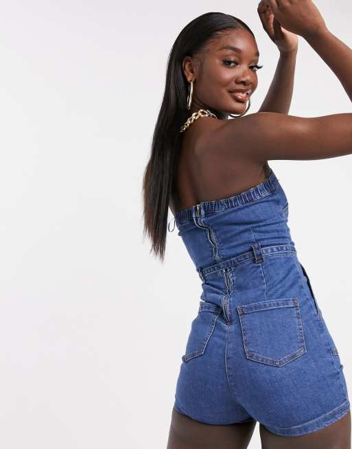 Parisian Combishort bandeau en jean avec taille nou e Bleu ASOS