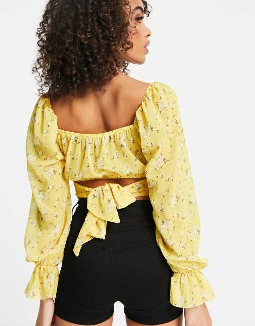 Parisian - Crop top allacciato in vita arricciato sul davanti giallo a fiori