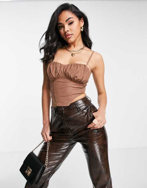 Parisian - Crop top met rimpeleffect in bruin