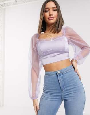 Parisian crop top with organza sleeves in lilac-Purple