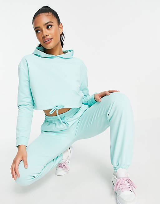 Parisian cropped tie front hoodie co-ord in aqua
