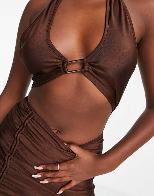 Parisian cut out front halter neck slinky mini dress in chocolate