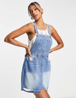 Parisian Parisian denim dungaree dress in light blue