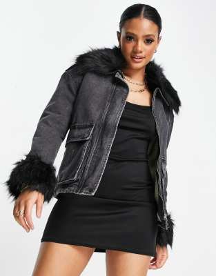 Parisian denim jacket with faux fur cuff and collar in black