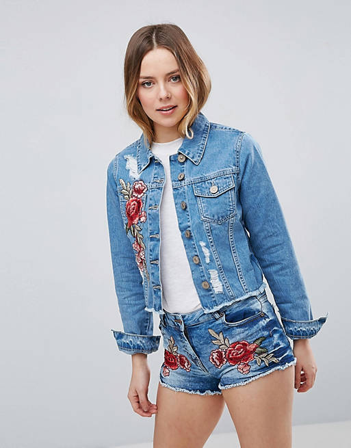 Parisian Denim Jacket With Rose Embroidery