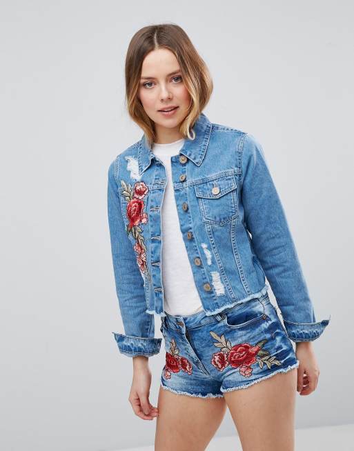 Denim jacket with cheap rose embroidery