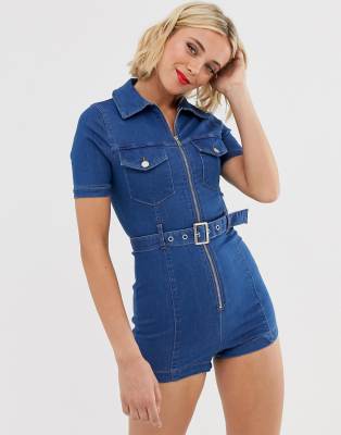 denim playsuit zip front