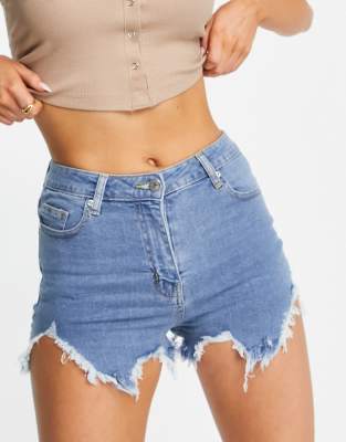 Parisian Parisian distressed denim shorts with rips in mid blue