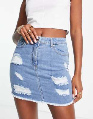 Parisian distressed denim skirt in mid blue