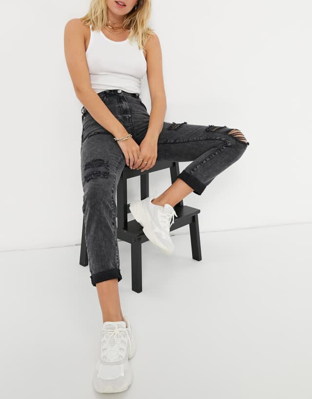 Parisian distressed mom jeans in washed black