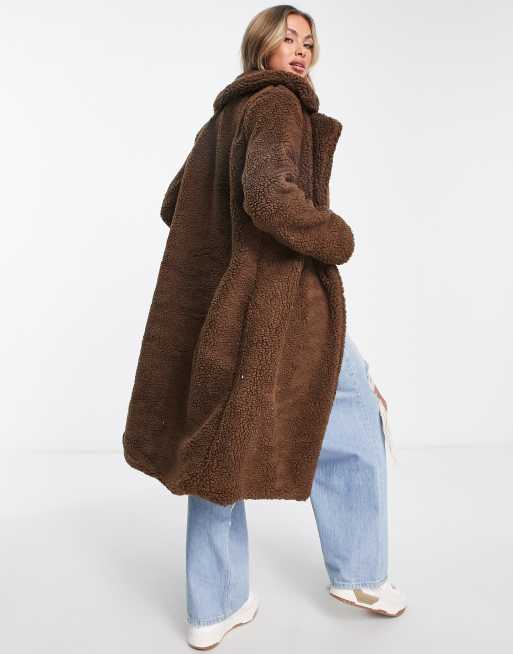 Parisian - Dobbeltradet oversized frakke i chokoladebrun imiteret lammeskind, 2 af 4