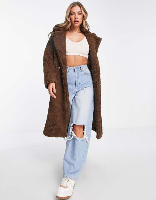 Parisian - Dobbeltradet oversized frakke i chokoladebrun imiteret lammeskind, 4 af 4