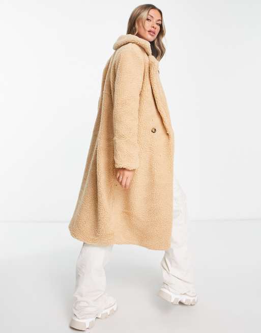 Stradivarius double button teddy coat in putty