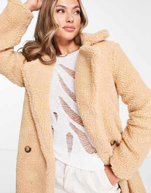 Stradivarius double button teddy coat in putty