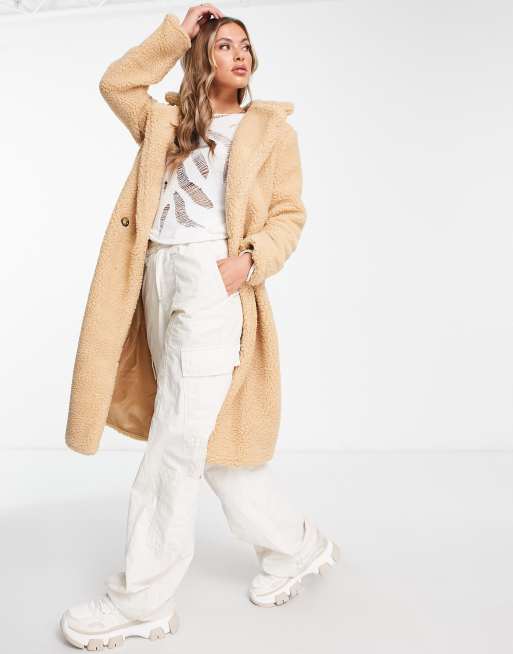 Parisian double breasted oversized borg coat in camel, 4 of 4