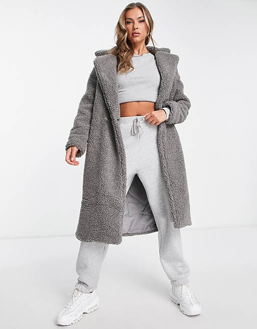 Parisian double breasted oversized borg coat in charcoal grey | ASOS