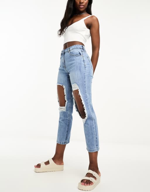 Parisian Petite extreme rip boyfriend jeans in mid wash blue