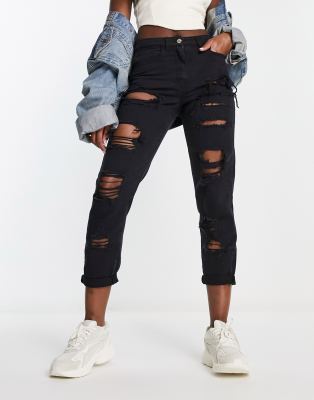 Parisian Extreme Rip Mom Jeans In Charcoal-black | ModeSens